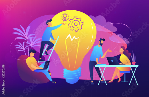 People working in friendly open space workplace. Coworking, freelance, teamwork, communication, interaction, idea, independent activity concept, violet palette. Vector illustration on background.