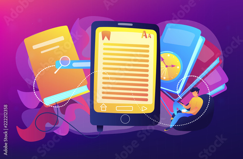 User reading ebook on tablet and books. Searchable digital library, education online, e-learning, easy access knowledge and transportation concept, violet palette. Vector illustration.