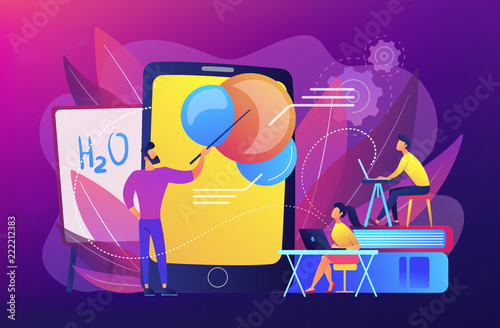 Professor teaching sudents science with help of tablet and augmented reality. Virtual reality, visual education, engaging teaching methods concept, violet palette. Vector illustration.