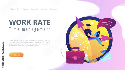 A freelance developer sitting on the clock hands with a laptop. Time management, productivity, efficiency, work rate, perfomance concept, violet palette. Website landing web page template.