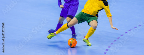 Football Futsal Ball and man Team. Indoor Soccer Sports Hall.