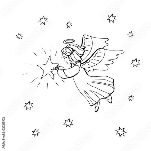 Flying angell carrying a star, vector Christmas illustration. photo