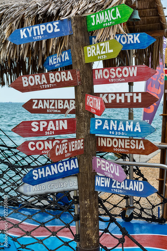 Thessaloniki, Greece - August 16, 2018: Direction signpost with distance to many different countries