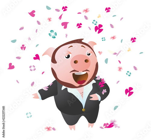 Tenor pig  sings opera sucessful. Sprinkled with flower petals. Vector illustration. Isolated on transparent background.  Excellent for the design of postcards, posters, stickers and so on.