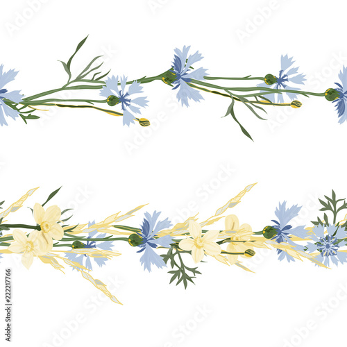 Seamless patterns ornaments of grass spikelets and cornflowers, vector illustration. © Svitlana