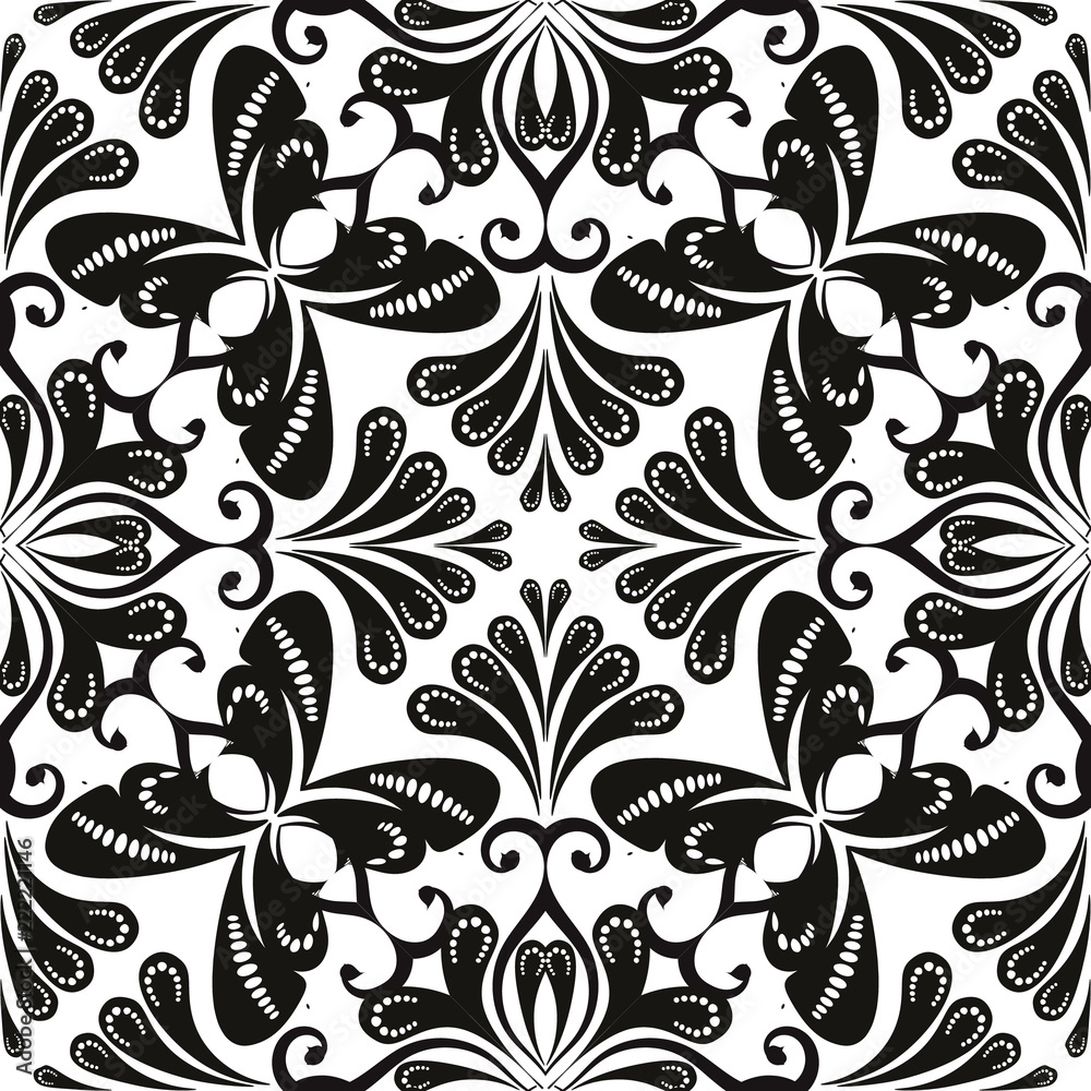 Black and white abstract floral vector seamless pattern. Ornamental vintage monochrome background. Hand drawn paisley flowers, leaves, swirls, abstract butterflies. Decorative design for textile.