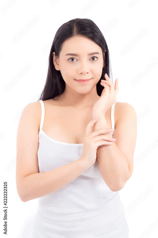 Portrait beautiful woman asian makeup of cosmetic, girl hand touch lips and mouth and smile attractive, face of beauty perfect with wellness isolated on white background with skin healthcare concept. Portrait beautiful woman asian makeup of cosmetic, girl hand touch lips and mouth and smile attractive, face of beauty perfect with wellness isolated on white background with skin healthcare concept.