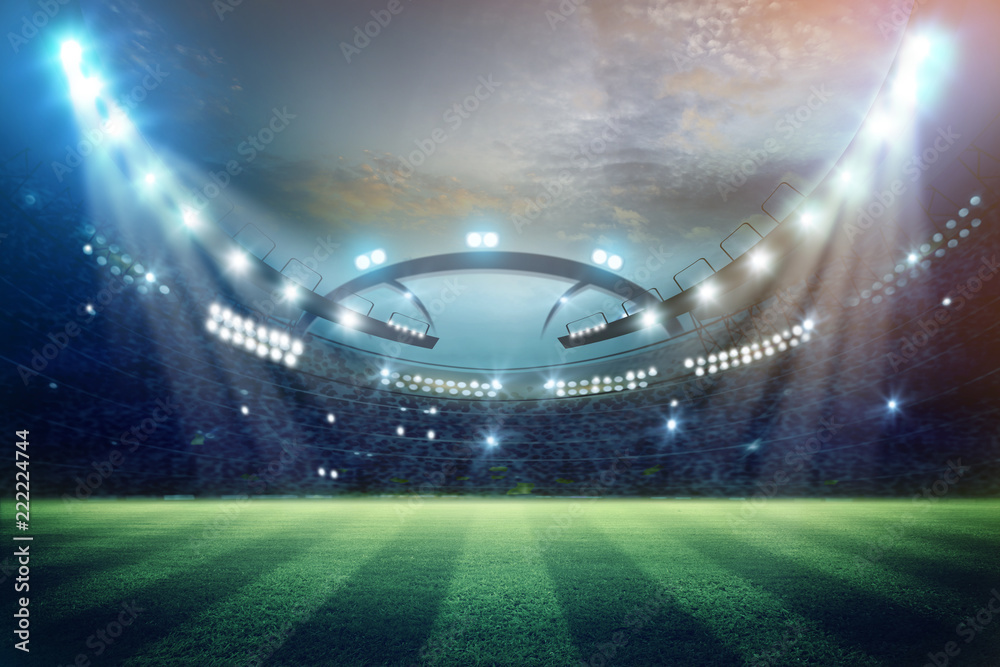 lights at night and football stadium 3d rendering. Mixed photos