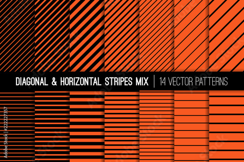 Halloween Orange and Black Diagonal and Horizontal Stripes Vector Patterns. Modern Striped Backgrounds. Set of Pin Stripes and Candy Stripes. Variable Thickness Lines. Pattern Tile Swatches Included