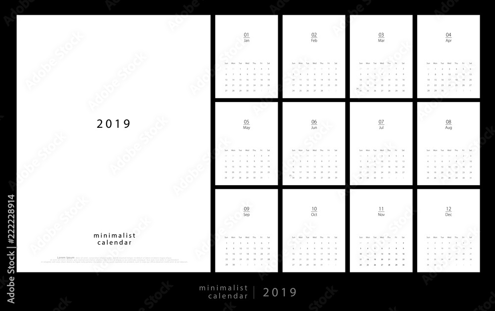 Calendar 2019 Trendy Minimalist Style. Set of 12 pages desk calendar.  minimal calendar planing vector design for printing template Stock ベクター |  Adobe Stock