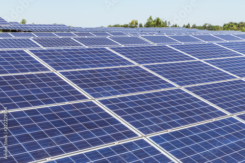 Close up rows array of polycrystalline silicon solar cells or photovoltaics in solar power plant turn up skyward absorb the sunlight from the sun  © Soonthorn