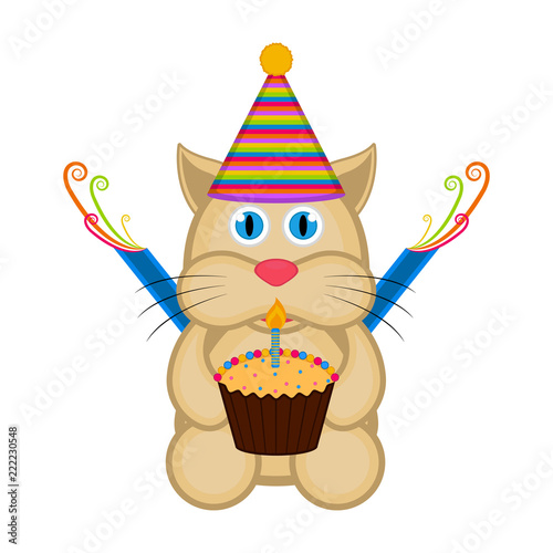 Cute cat with a party hat and a cake © lar01joka