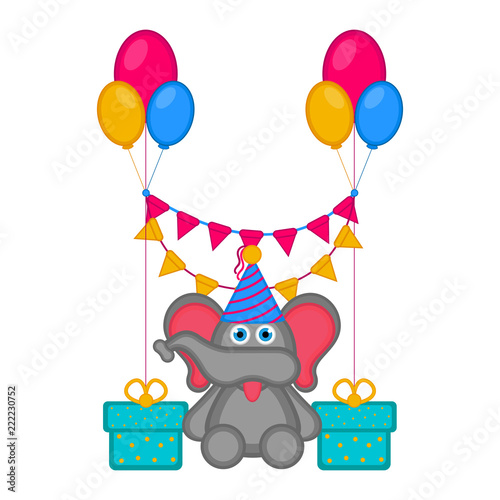 Cute elephant with a party hat and presents