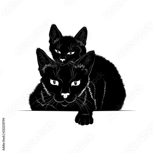 Векторный рисунок. Чёрный силуэт лежащей кошки с котёнком