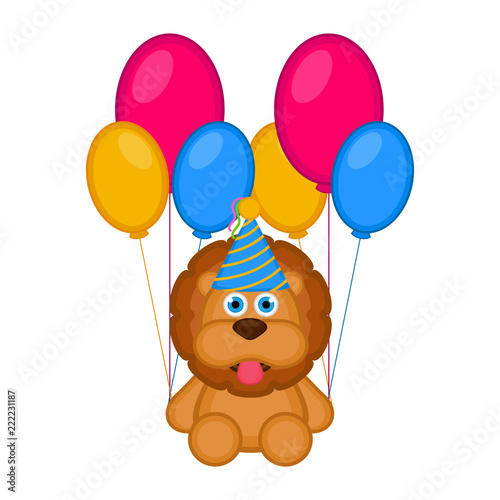 Fototapeta Naklejka Na Ścianę i Meble -  Cute lion with a party hat and balloons