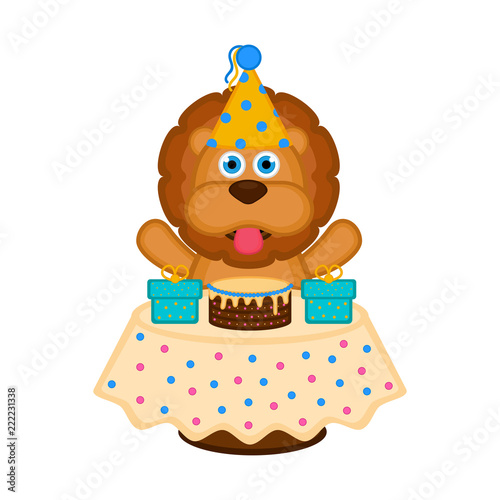 Fototapeta Naklejka Na Ścianę i Meble -  Cute lion with a party hat, a cake and presents