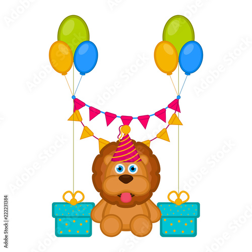 Fototapeta Naklejka Na Ścianę i Meble -  Cute lion with a party hat and presents