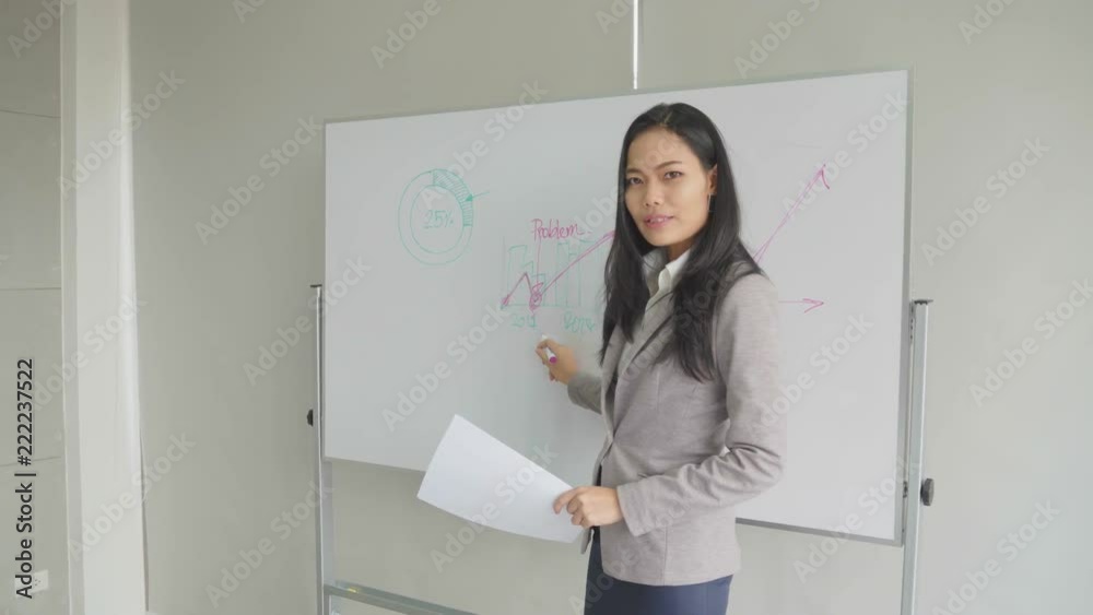 Asian business female write graph and present analysis result Asian business female write graph and present analysis result