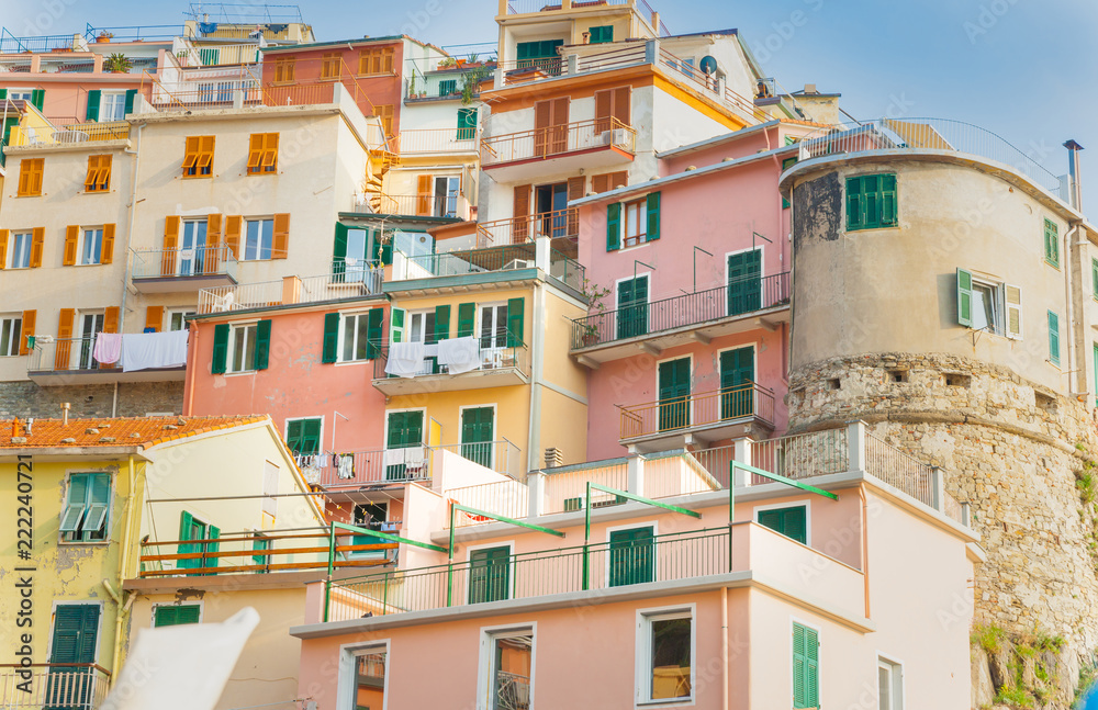 Brightly colored tiered apartments typical of coastal Italian villages