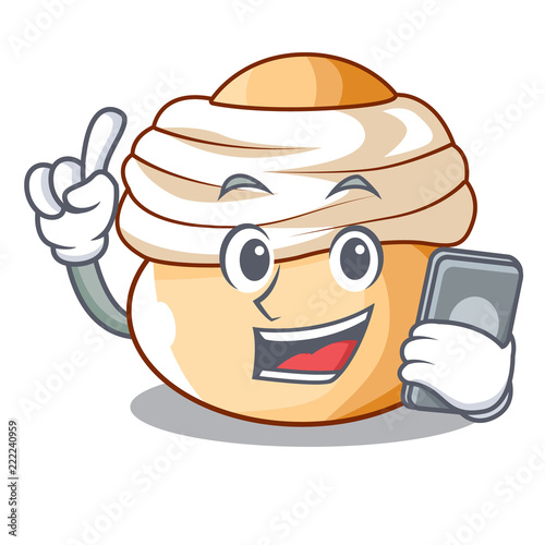 With phone cartoon semla bun with almond paste
