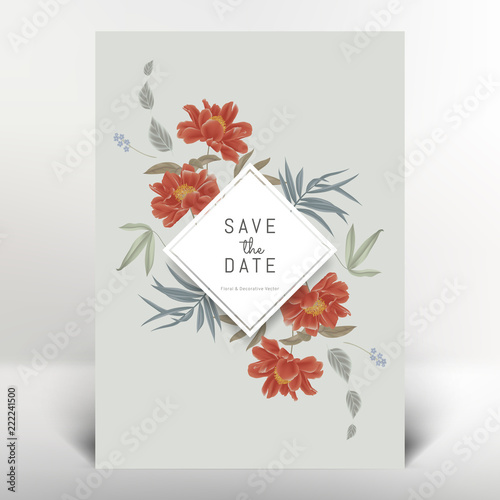 Fototapeta Naklejka Na Ścianę i Meble -  Botanical greeting/invitation card template design, red paenia lactiflora flowers and leaves, vintage style