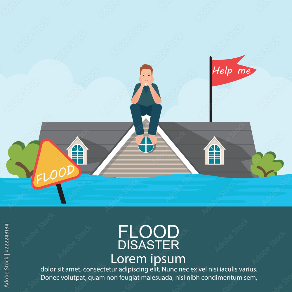 Anxious man sitting on roof of house after water flood . Stock Vector ...