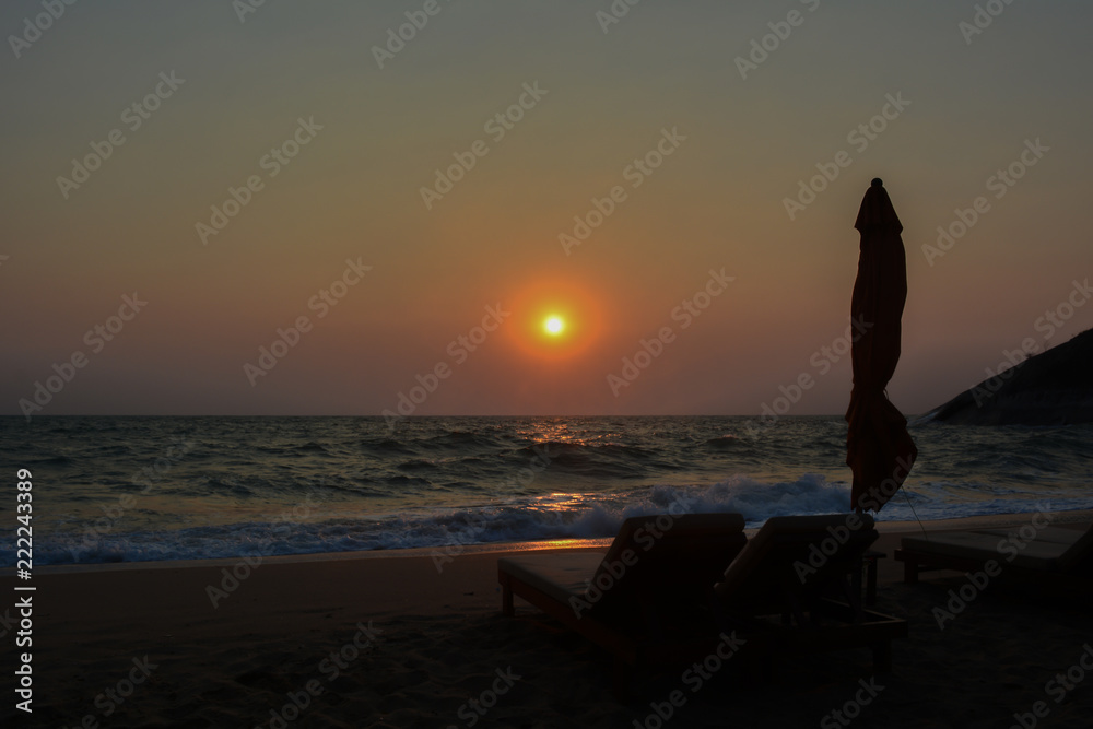 Beautiful blazing sunset landscape at sea, Amazing summer sunset view on the beach, Tropical Thailand island.