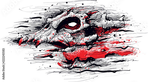 Illustration of a horrifying Blood Demon with a skull face, horns and blood streaming and flowing out of its screaming mouth.
