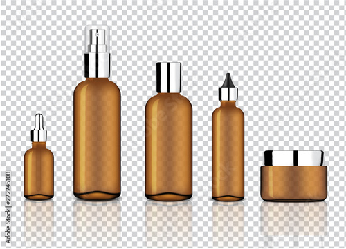 Mock up Realistic Glossy Amber Transparent Glass With Metallic Cap for Cosmetic Soap, Shampoo, Cream, Oil Dropper and Spray Bottles Set With Black Cap for Skincare Product Background Illustration