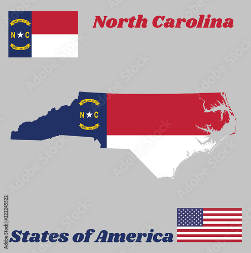 Map outline and flag of North Carolina, A blue union, a white star with N and C, the circle containing the same to be one-third the width of the union. With American flag.