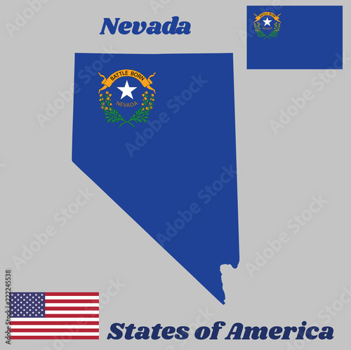 Map outline and flag of Nevada, Solid cobalt blue field. The canton contains two sagebrush branches encircling a silver star with the text Nevada and Battle Born. With American flag.