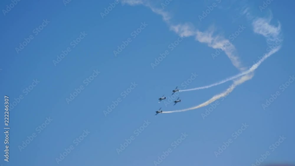 Four airplanes flying on the background of blue sky. 4K Four airplanes flying on the background of blue sky. 4K