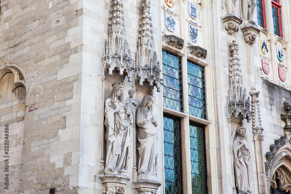 Details of the facade of the Bruges City Hall building at Burg Square