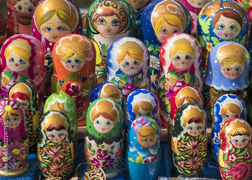 Colorful Russian dolls Matreshka. Wooden doll Matryoshka