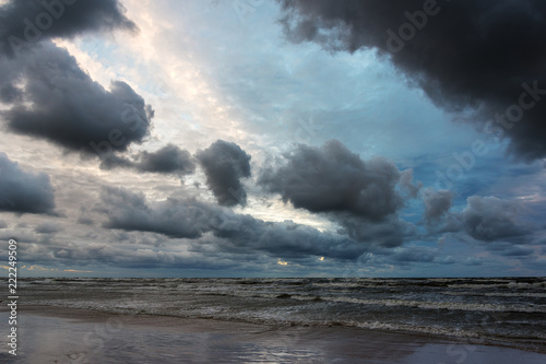 Stormy Baltic sea in sunset time, Liepaja, Latvia.