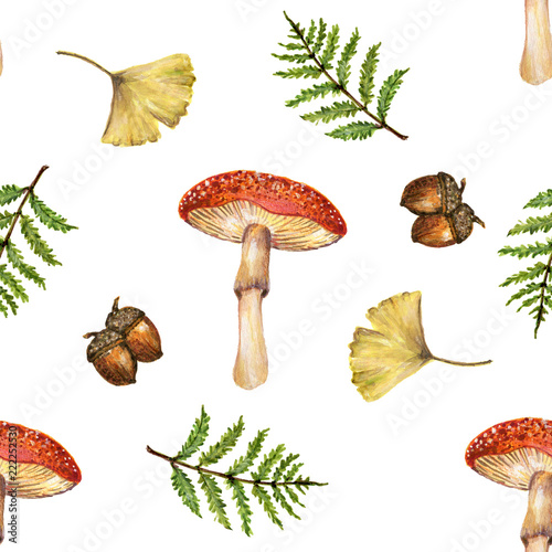 Watercolor gouache vintage  autumn and fall seasons seamless pattern set of leaves, branches, bird, fox, mushroom and pumpkins photo