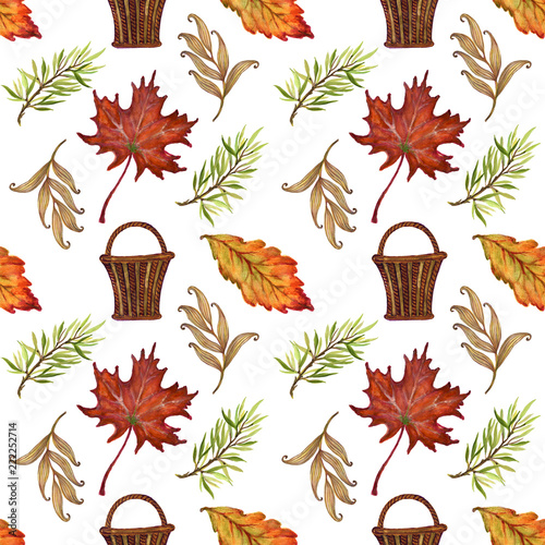 Watercolor gouache vintage  autumn and fall seasons seamless pattern set of leaves, branches, bird, fox, mushroom and pumpkins photo