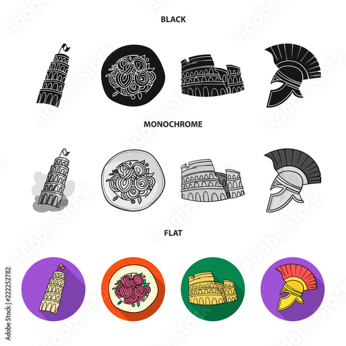 Pisa tower, pasta, coliseum, Legionnaire helmet.Italy country set collection icons in black, flat, monochrome style vector symbol stock illustration web.