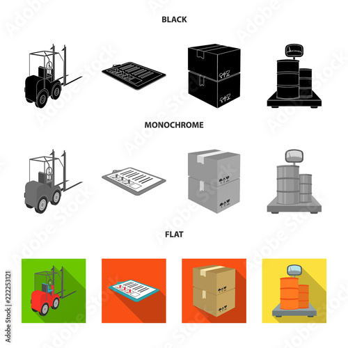 Forklift, delivery slips, packaged goods, cargo on weighing scales. Logistics and delivery set collection icons in black, flat, monochrome style isometric vector symbol stock illustration web.