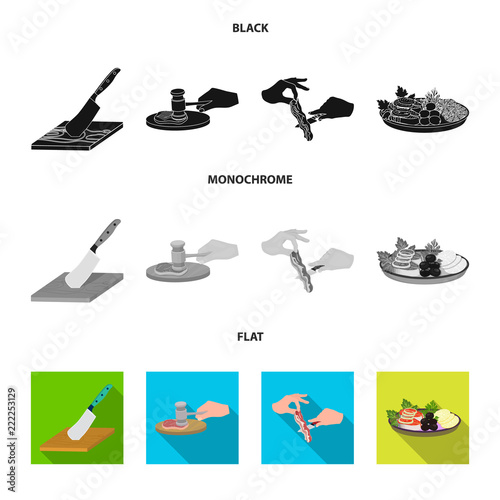 Cutlass on a cutting board, hammer for chops, cooking bacon, eating fish and vegetables. Eating and cooking set collection icons in black, flat, monochrome style vector symbol stock illustration web.