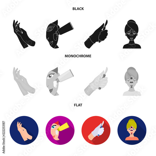 Hand moisturizing, scalpel surgeon mask on face, cream on face. Skin are set collection icons in black, flat, monochrome style vector symbol stock illustration web.