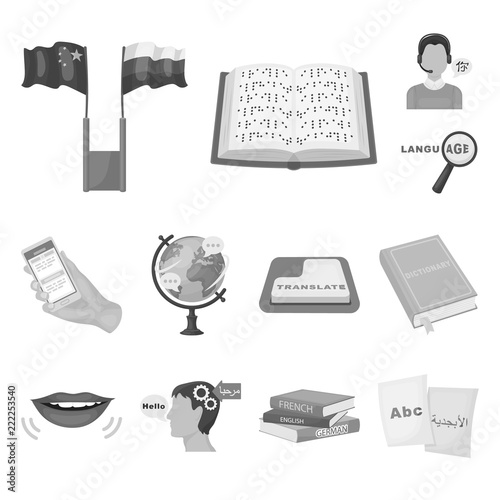 Translator and linguist monochrome icons in set collection for design. Interpreter vector symbol stock web illustration.