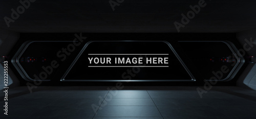 Fototapeta Naklejka Na Ścianę i Meble -  Dark spaceship interior with large window view 3D rendering