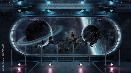 Fototapeta Naklejka Na Ścianę i Meble -  Black tech spaceship round window interior background 3D rendering