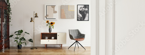 Panorama of posters and grey armchair in bright living room interior with copy space. Real photo