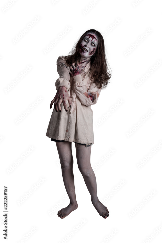 Fototapeta premium Full length of asian female zombie isolated over white background