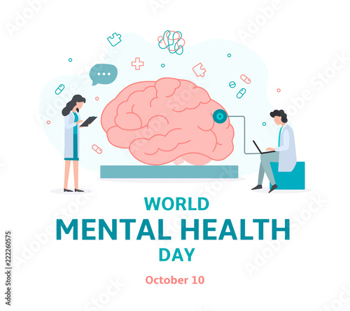 Banner for World mental health day. Doctors help the brain. Flat vector illustration.