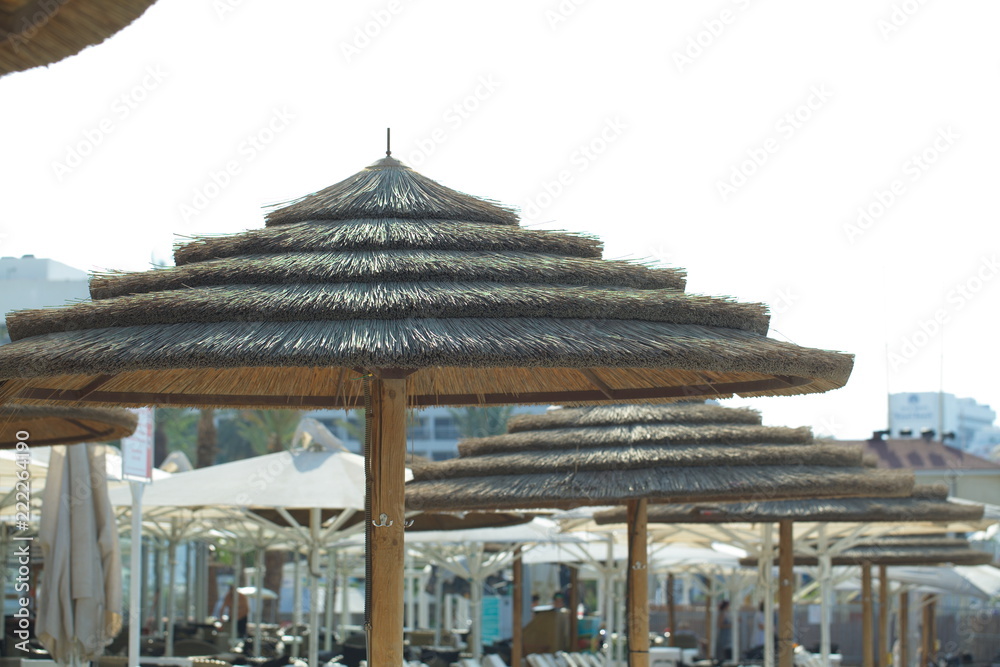 sunbeds and umbrellas along the beach in the city of Eilat Israel. Relax by sea