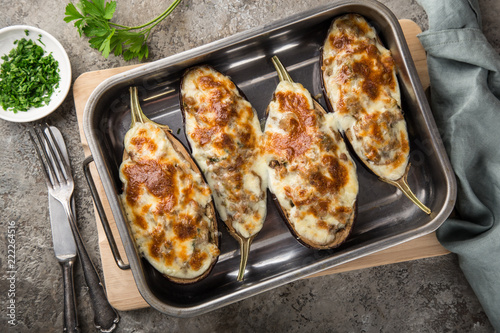 stuffed eggplant with meat, vegetable and cheese photo