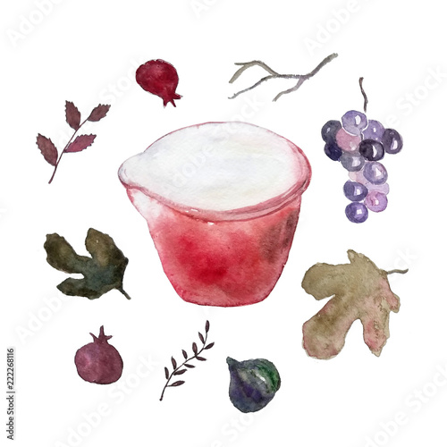 Nice watercolor painting of a red bowl with figs, leaves, pomegranates and grapes. for jewish sukkot or tu bshvat decoration photo